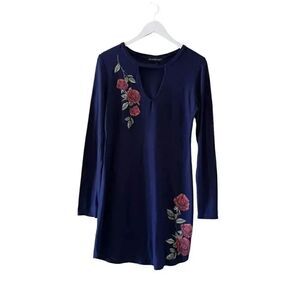 Derek Heart Navy Embroidered Roses Long Sleeves MIDI Women’s Dress SZ L #1242